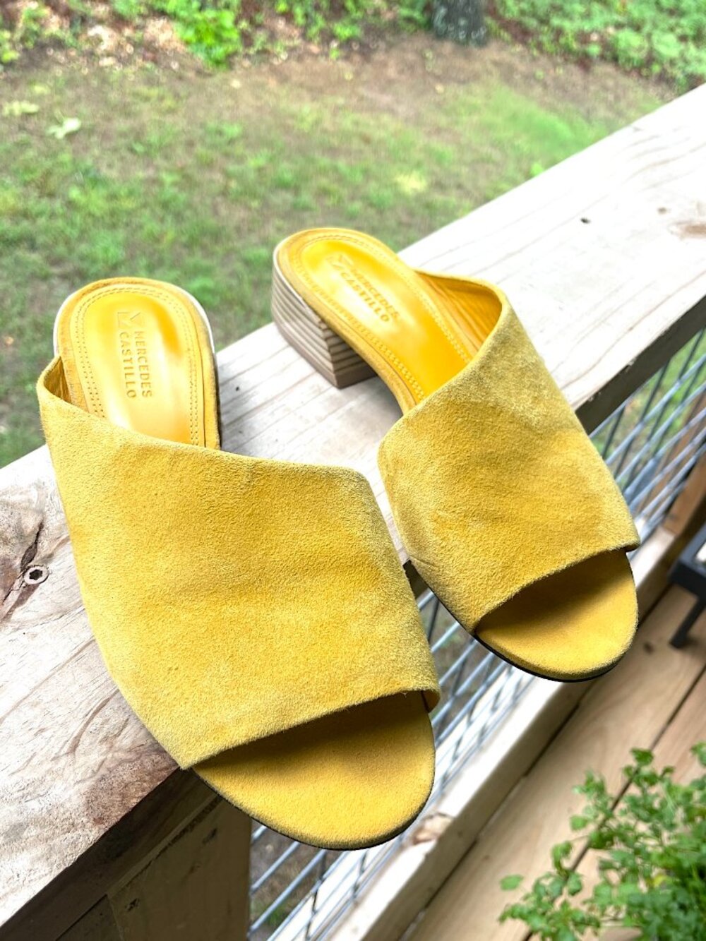 Mercedes Castillo Yellow Suede Block Heel Mules Sz 7.5 | Summer Luxe Slides